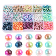 Close-up of 15-grid organizer box with colorful 3-5mm iridescent faux pearls for DIY crafts