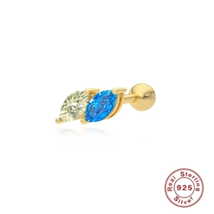 S925 sterling silver cartilage stud with marquise-cut green and blue stones on white base
