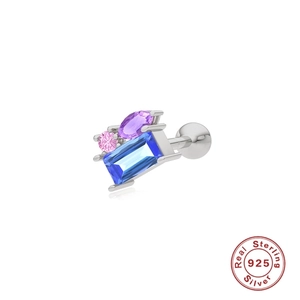 Detail of 925 sterling silver stud earring with colorful blue, purple, and pink zircon stones