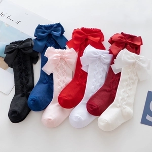Baby Girls Knee High Socks Cotton Cable Knit With Double Satin Bowknot Princess Lolita Style Toddler Birthday