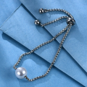 Minimalist 10mm white pearl stainless steel bracelet with adjustable slider chain link