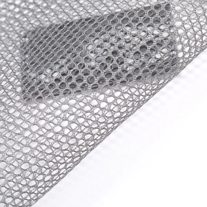 Grey mesh fabric detail showing breathable honeycomb hole structure for travel packing cubes.