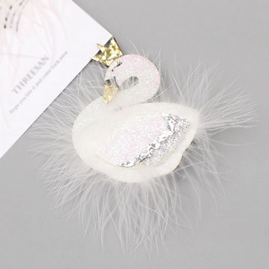 Pink sequin swan hair clip with white feathers and golden crown for girls