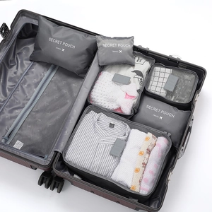 Travel storage bag set of multiple packing organizers for clothes, shoes and travel essentials.