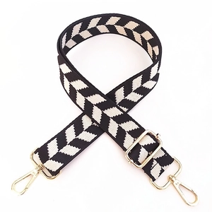 Adjustable black and white herringbone weave guitar strap for handbags with gold metal clips