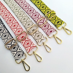 Adjustable colorful jacquard woven bag straps with geometric patterns and gold metal buckles