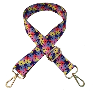 Adjustable colorful floral embroidered shoulder strap with gold metal lobster clasps