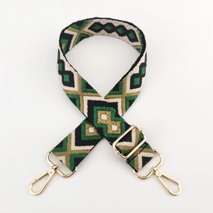 Detail of 3.8cm adjustable embroidered strap with geometric rhombus pattern and gold hooks