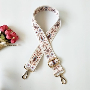Ethnic bohemian wide embroidered bag strap with colorful floral patterns and gold hooks