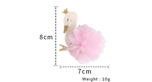Detail view of pink feather swan hair clip showing dimensions 8cm height and 7cm width
