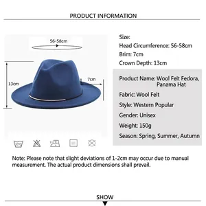 Chapeau fedora classique unisexe en laine bleu marine avec ruban métallique vintage