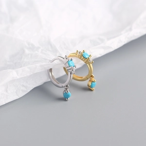 S925 sterling silver turquoise huggie hoop earrings with sparkling cubic zirconia accents