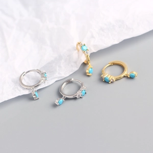 Bohemian S925 sterling silver hoop earrings with turquoise stones and white zircons