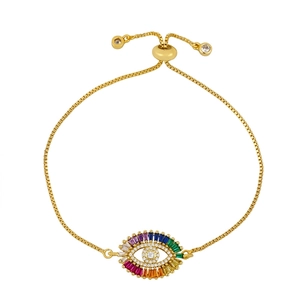 Gold evil eye bracelet with multicolored crystals and adjustable box chain for women