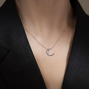 S925 sterling silver moon and star pendant necklace with zircons worn by model