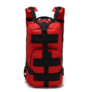 Detailed front view of a red tactical 3P backpack with MOLLE system and black straps