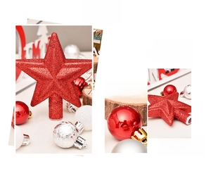 Detail of red glitter tree star and mixed glossy matte Christmas ball ornaments set