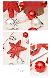 Detailed set of red, silver and white Christmas balls with a glittery star tree topper