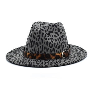 British style grey leopard print wool fedora hat with a buckled decorative belt