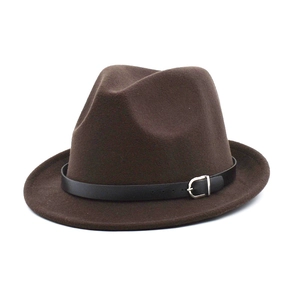 Classic dark brown wool fedora hat with a thin leather band and metallic buckle detail