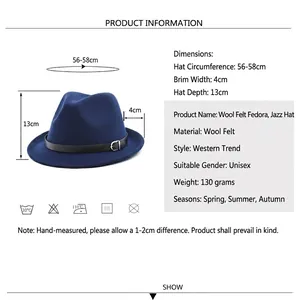 Flat brim wool felt fedora with size guide, 56-58cm circumference and leather band strap