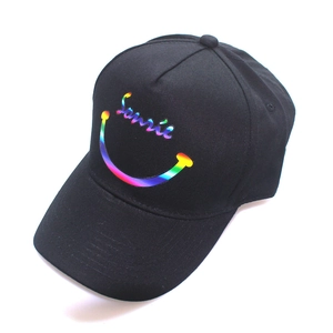 Black cotton baseball cap featuring a vibrant rainbow gradient Smile print on the front