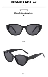 Vues de face et de côté de lunettes de soleil vintage œil de chat, monture noire et verres gris
