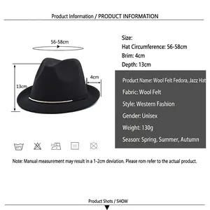 Classic black wool felt jazz fedora hat with gold trim band and detailed size specs