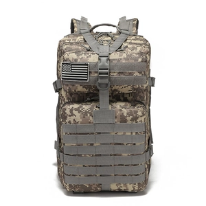 Front view of waterproof tactical backpack in sand digital camouflage with MOLLE webbing