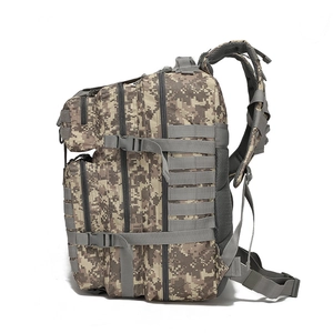 Side view of desert camo tactical backpack showing MOLLE webbing and multi-layer zippers