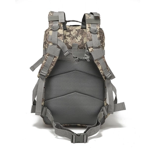 Detail view of tactical backpack with MOLLE system and breathable mesh back panel