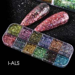 Detailed view of 12-grid nail art glitter flakes with pink decorative nail tip display