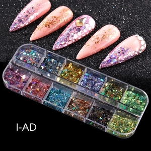 Detailed view of 12-slot nail art glitter set with butterfly and heart-shaped sequins