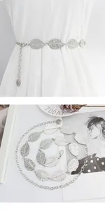 Silver metal leaf waist chain with rose pendant and adjustable links for dresses