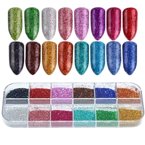 Detailed 12-grid storage box with colorful nail glitter sequins and finished nail art samples