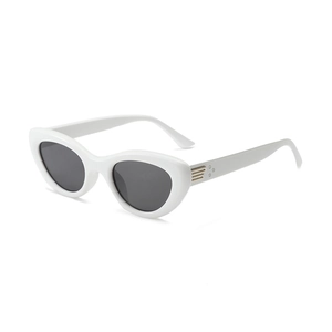 Retro cat-eye sunglasses with white acetate frame and grey lenses in a 45-degree view