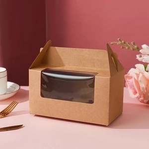 Brown kraft cupcake carrier with transparent window and handle for single packaging