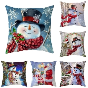 Christmas Cushion Cover Snowman Santa Claus Winter Print Soft Short Plush Decorative Square Home Decor Pillowcase