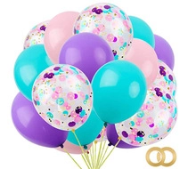 Colorful balloon set with purple, pink, teal, and confetti balloons for party decor
