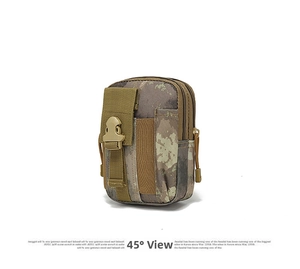 Close-up of tactical camo waist bag with dual zippers and secure plastic buckle detail