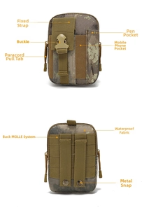 Detailed front and back view of tactical waist pouch featuring MOLLE system and waterproof fabric