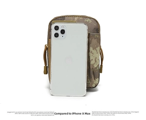 Tactical camo waist bag size comparison with iPhone XMax on a white background