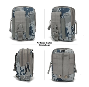 Detailed views of digital camouflage tactical belt pouch with MOLLE system and buckles