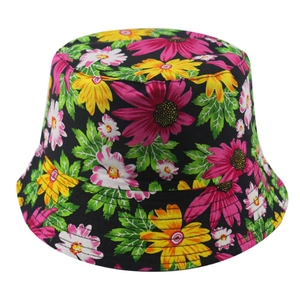 Detailed view of colorful sunflower prints on black cotton bucket hat with fine stitching