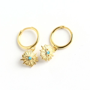 Bohemian gold S925 silver evil eye hoop earrings with turquoise stone in sunburst design