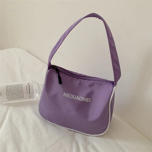 Women Nylon Underarm Hobo Bag Contrast Piping Letter Print Casual Lightweight Shoulder Handbag Zipper Closure