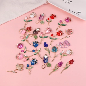 Detailed collection of assorted 3D rose and tulip alloy charms with inlaid rhinestones