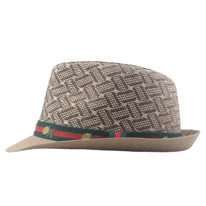 Classic men's fedora straw hat with red and green stripe band on white background
