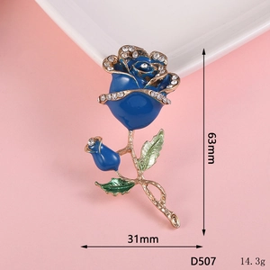 Blue rose enamel brooch with rhinestones and dimensions showing 63mm height and 31mm width
