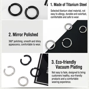 Sleek stainless steel hoop earrings in black and silver finishes with mirror polish detail
